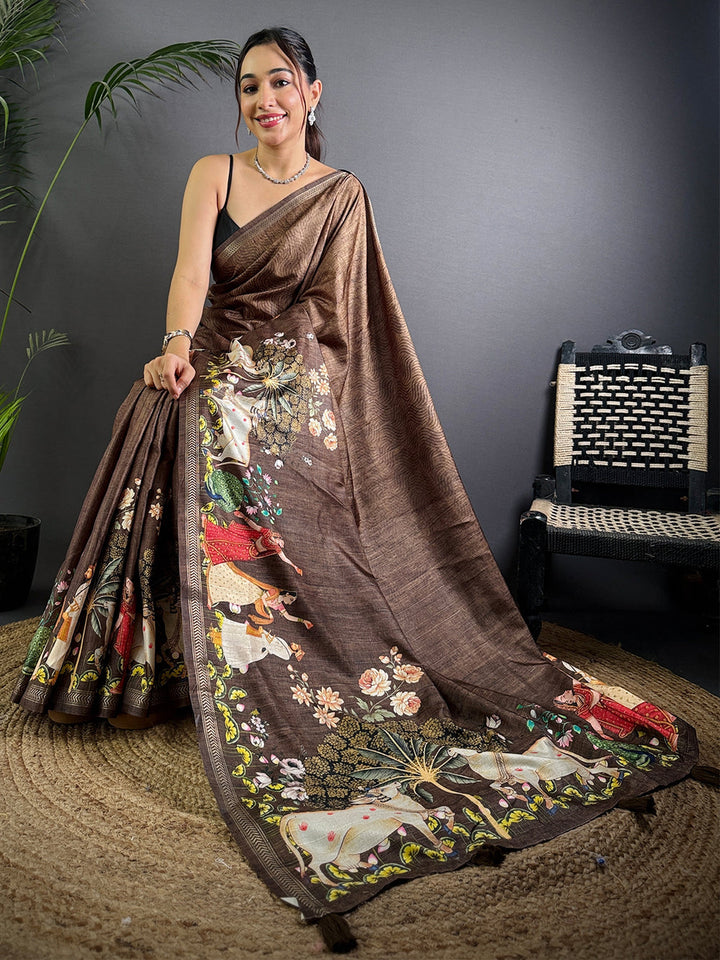 Chocolate Brown Linen Silk Saree with Royal Rajasthani Print & Artistic Pallu