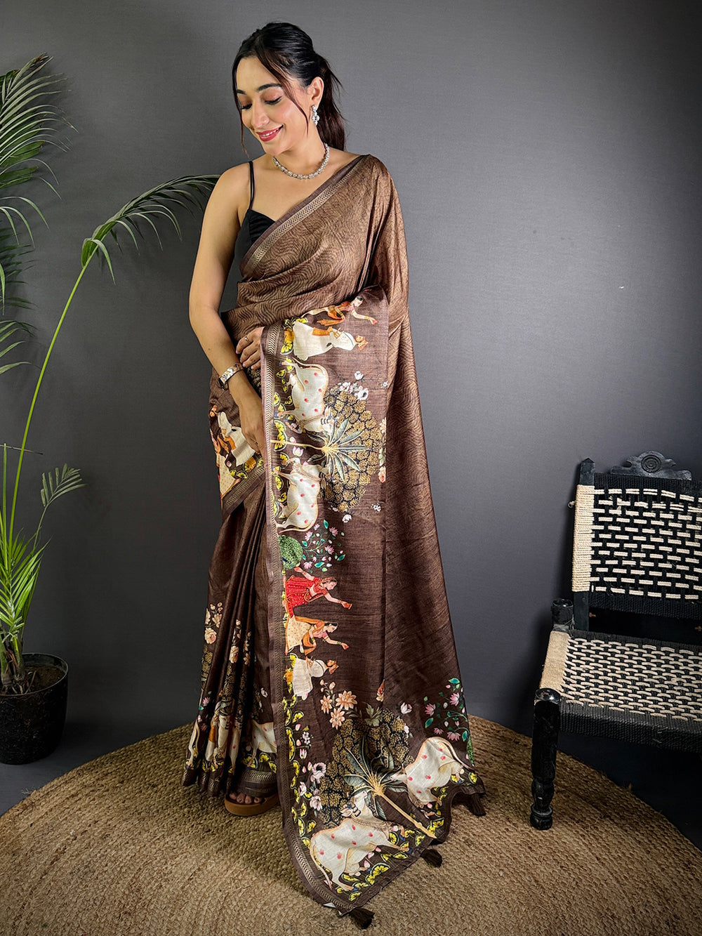 Chocolate Brown Linen Silk Saree with Royal Rajasthani Print & Artistic Pallu