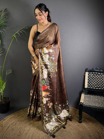 Chocolate Brown Linen Silk Saree with Royal Rajasthani Print & Artistic Pallu