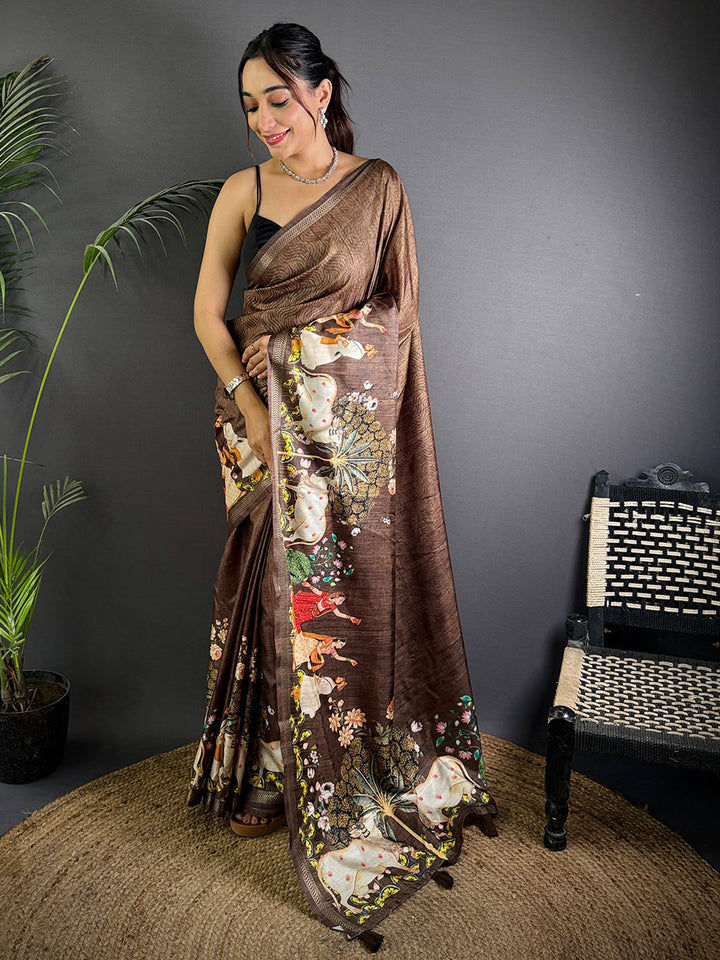 Chocolate Brown Linen Silk Saree with Royal Rajasthani Print & Artistic Pallu