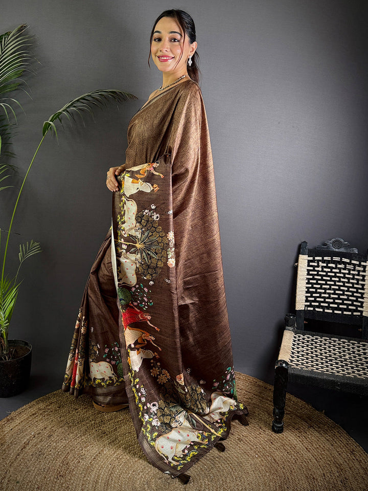Chocolate Brown Linen Silk Saree with Royal Rajasthani Print & Artistic Pallu