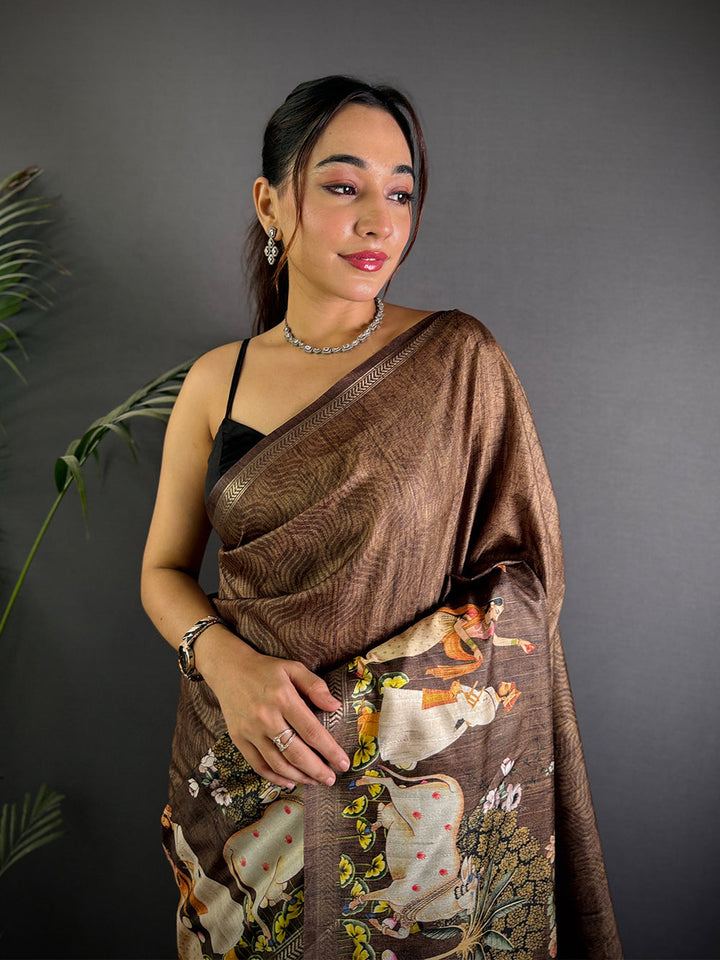 Chocolate Brown Linen Silk Saree with Royal Rajasthani Print & Artistic Pallu