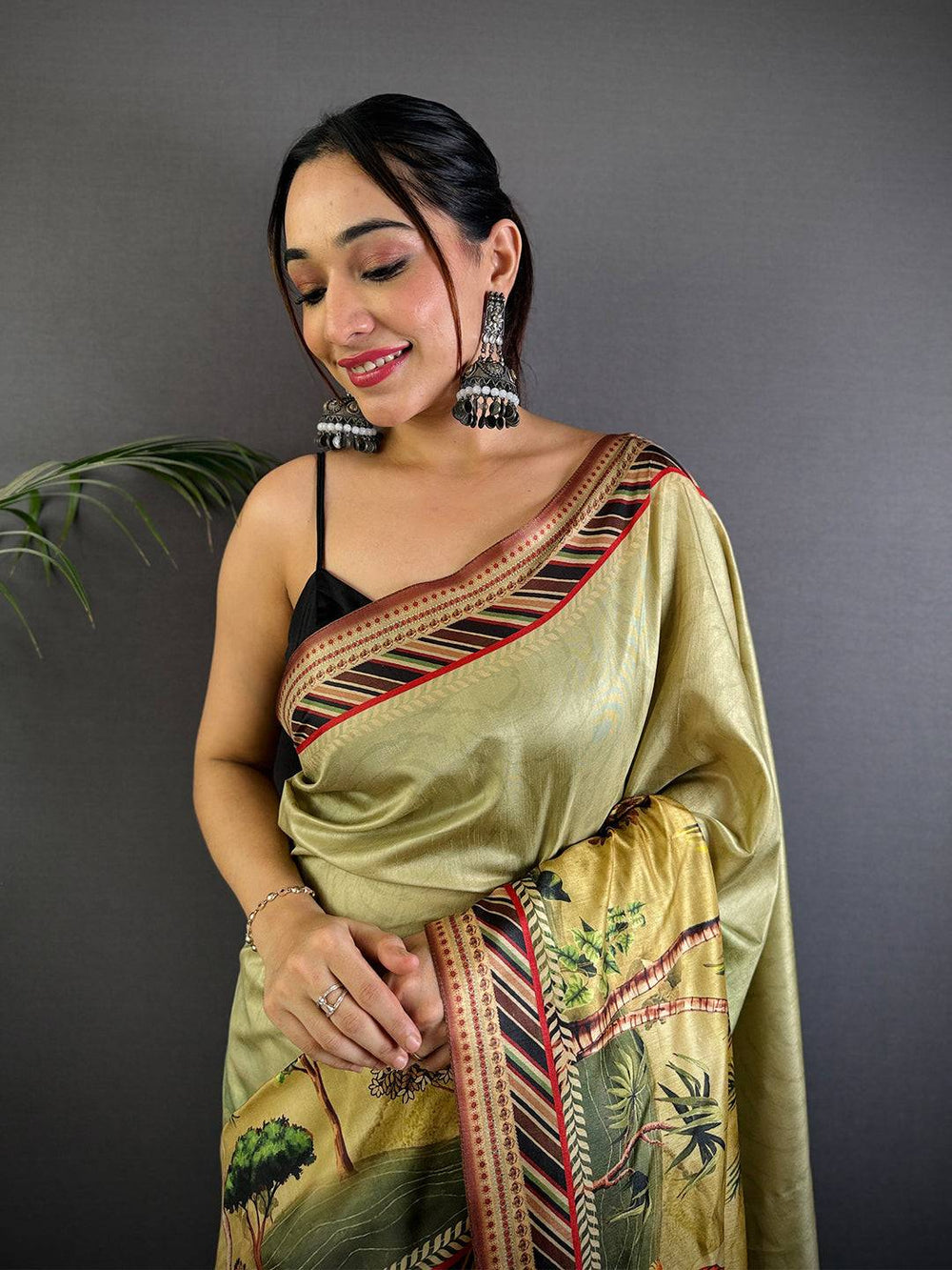 Olive Green Linen Silk Saree with Wildlife Digital Print & Multicolor Border