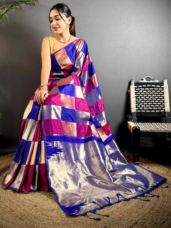 Royal Blue & Pink Kanjivaram Silk Saree with Checked Pattern and Silver Zari Pallu