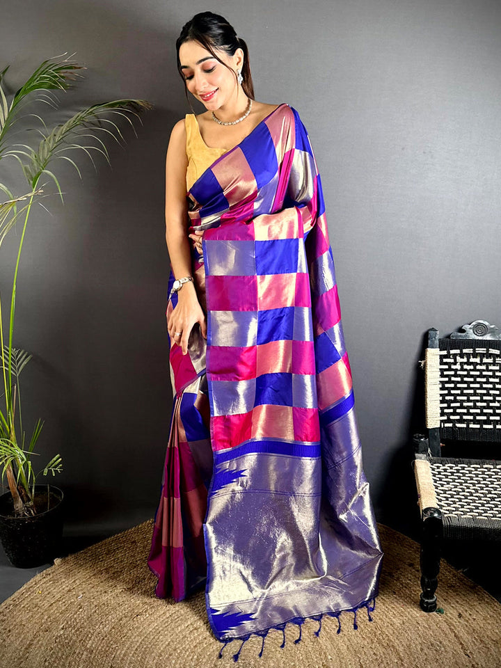 Royal Blue & Pink Kanjivaram Silk Saree with Checked Pattern and Silver Zari Pallu