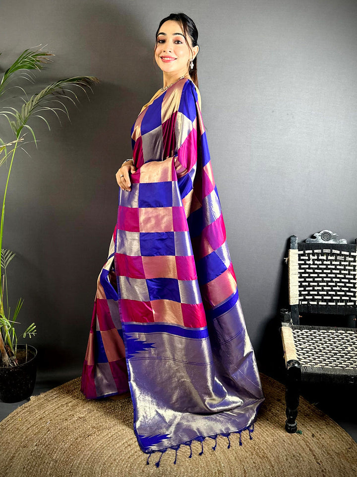 Royal Blue & Pink Kanjivaram Silk Saree with Checked Pattern and Silver Zari Pallu