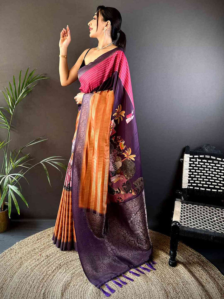 Purple & Pink Soft Silk Saree with Woven Zari Border and Contrast Orange Pallu