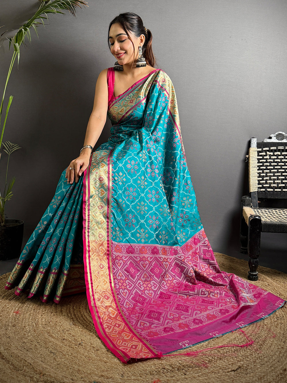Teal Blue & Pink Patola Silk Saree with Intricate Double Ikat Design & Rich Zari Border