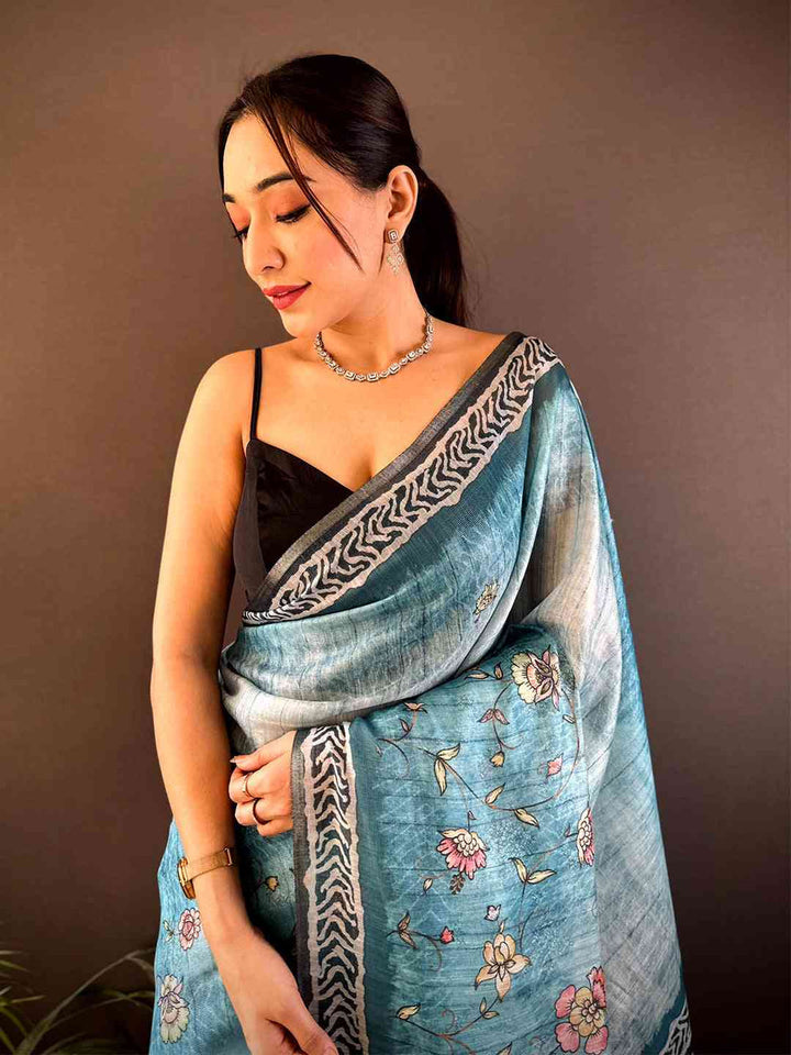 Sky Blue Linen Silk Saree with Floral Print & Striped Design Pallu