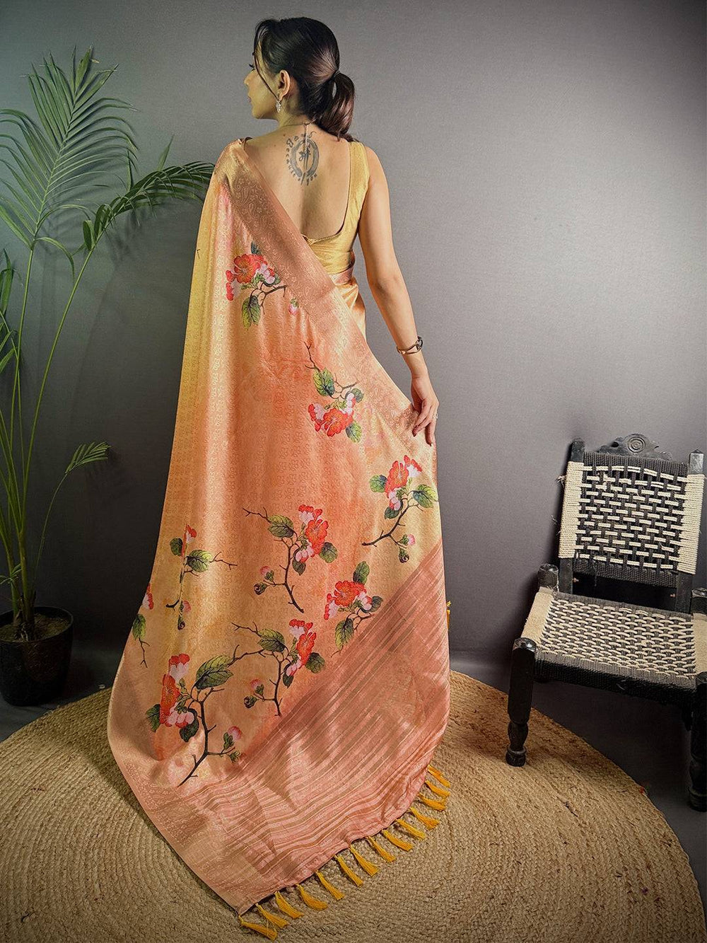 Peach Linen Silk Saree with Floral Print & Zari Border