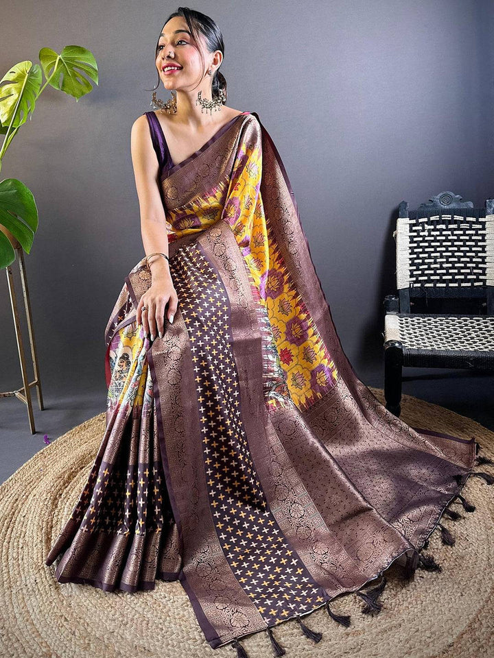 Yellow & Brown Banarasi Silk Saree with Floral Print and Geometric Zari Weaving
