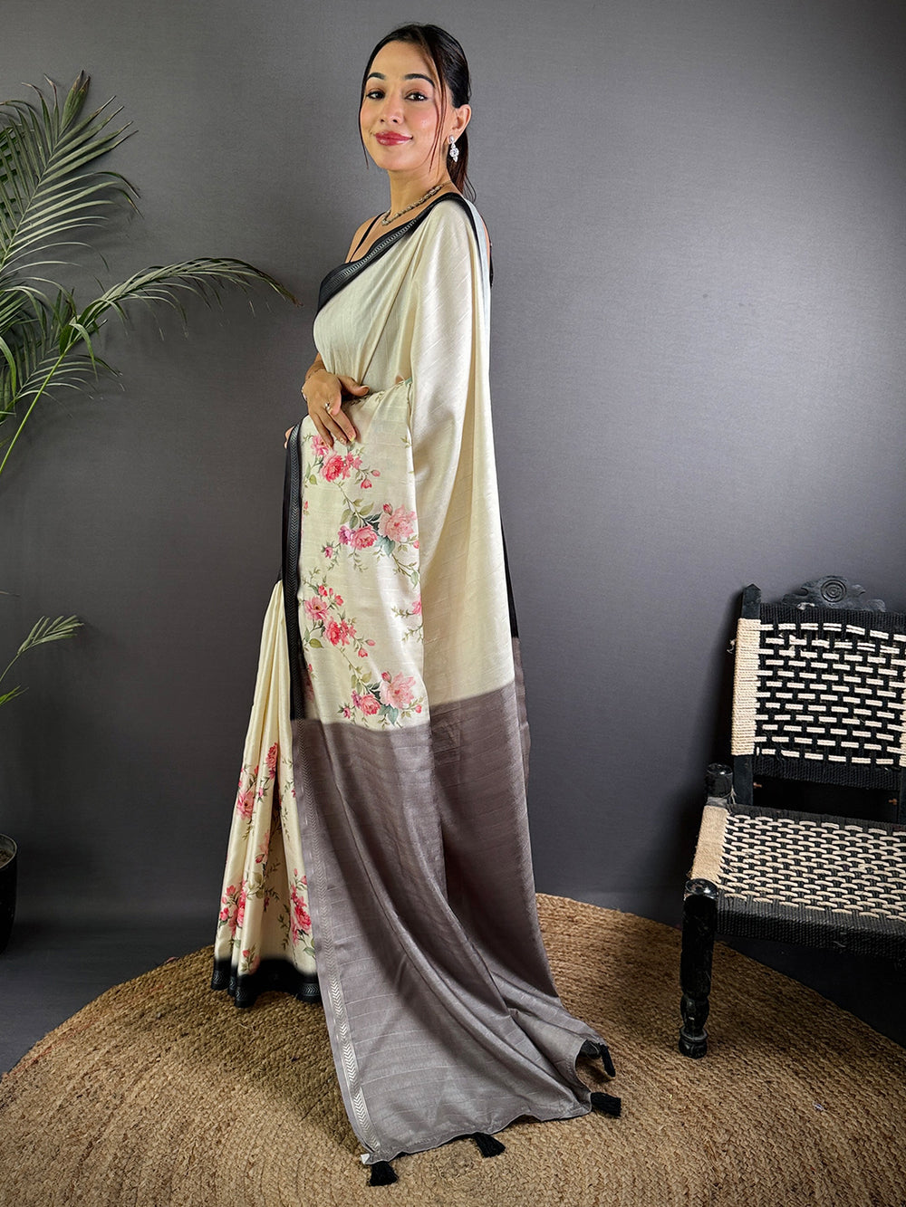 Cream Linen Silk Saree with Pink Floral Print & Grey Contrast Border