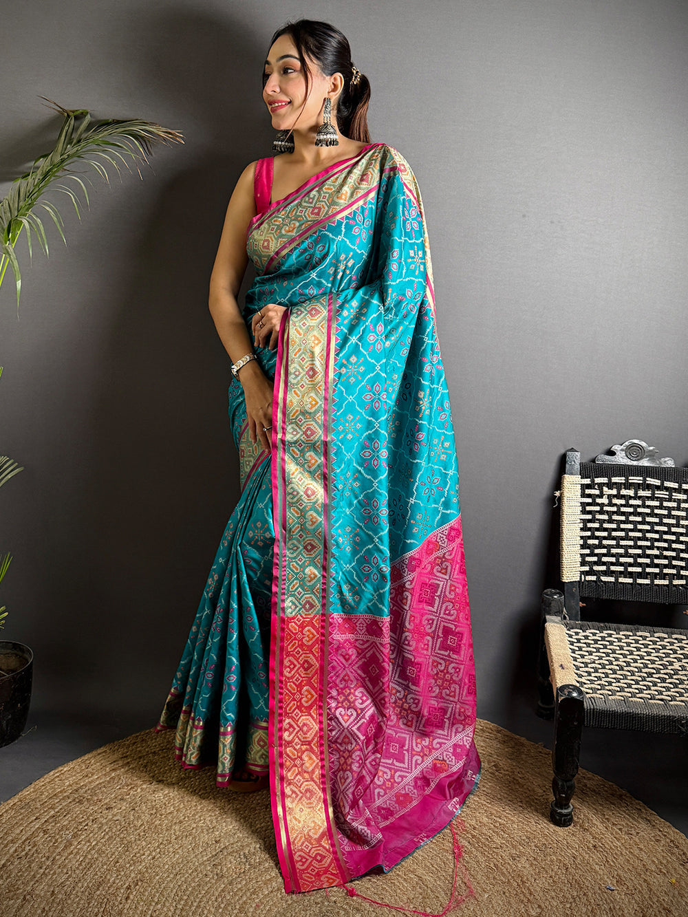 Teal Blue & Pink Patola Silk Saree with Intricate Double Ikat Design & Rich Zari Border