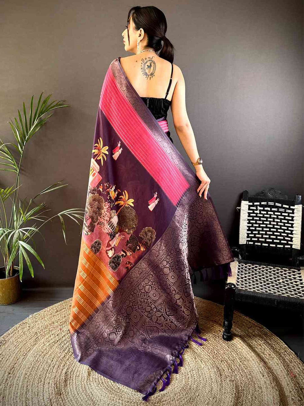 Purple & Pink Soft Silk Saree with Woven Zari Border and Contrast Orange Pallu