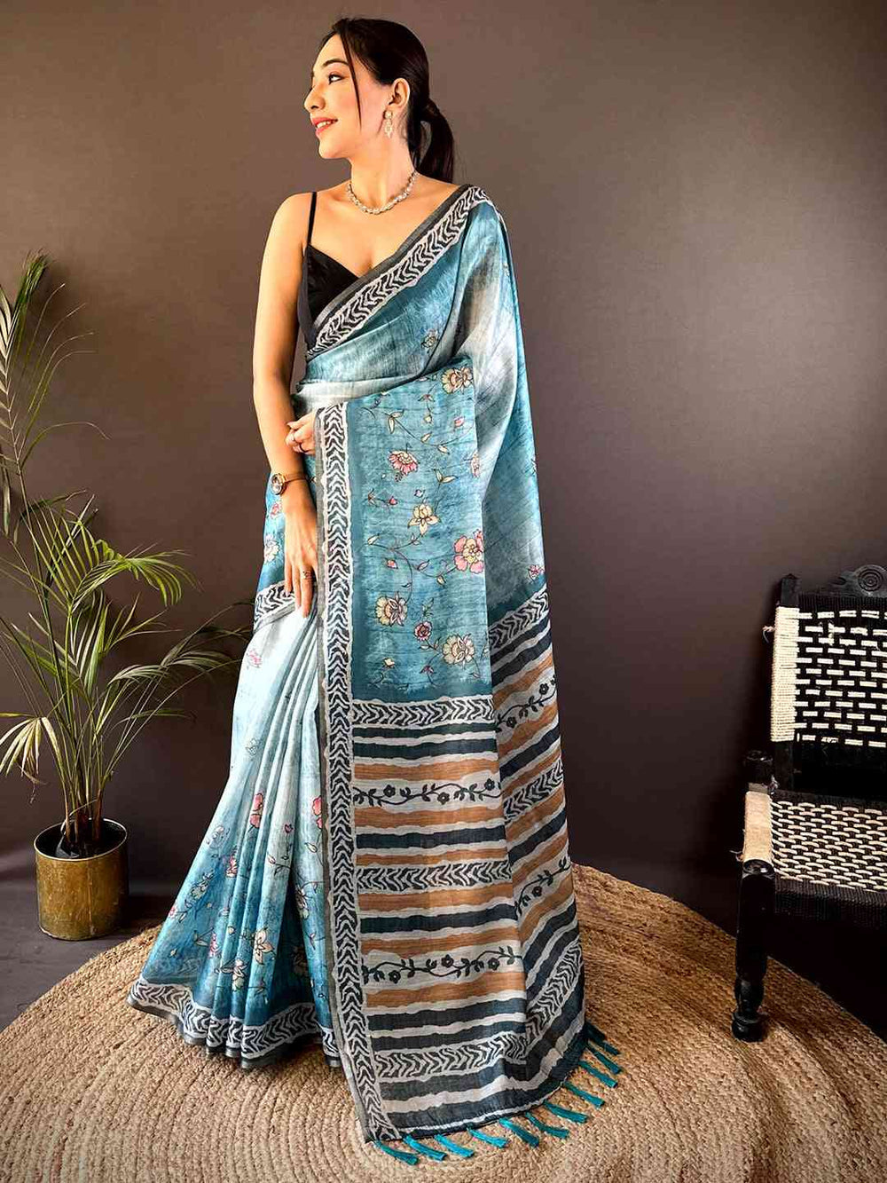 Sky Blue Linen Silk Saree with Floral Print & Striped Design Pallu
