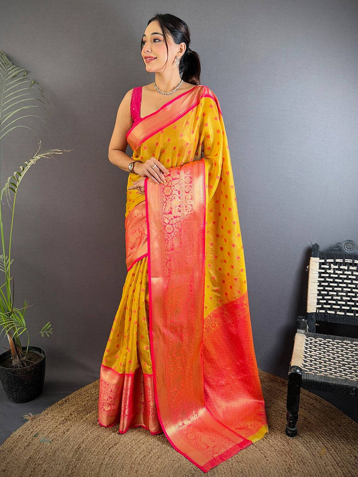 Yellow & Pink Kanjivaram Silk Saree with Zari Weaving & Contrast Rich Pallu