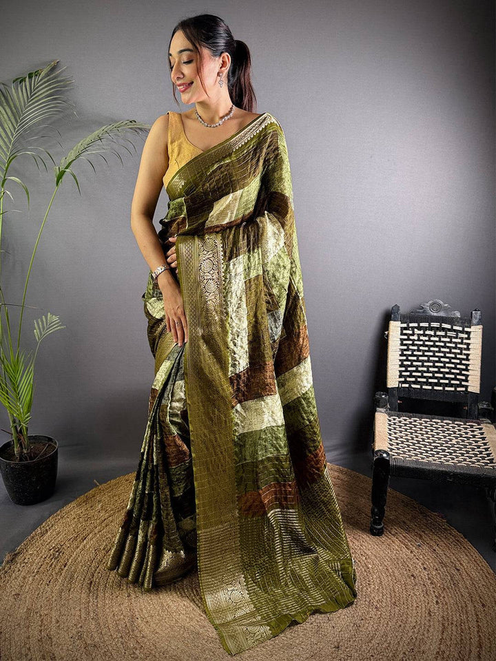 Olive Green Banarasi Silk Saree with Striped Pattern & Intricate Zari Weaving