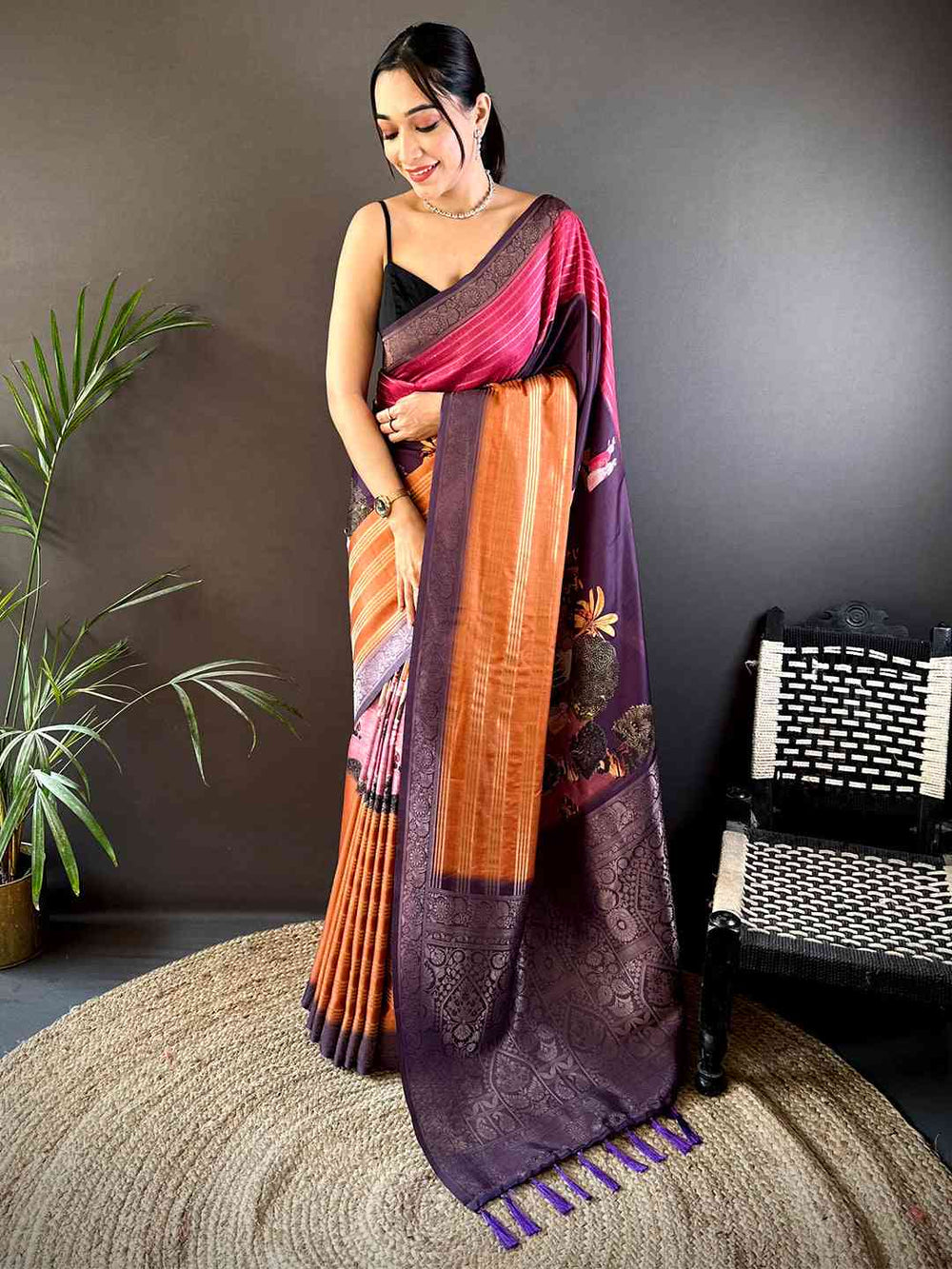 Purple & Pink Soft Silk Saree with Woven Zari Border and Contrast Orange Pallu