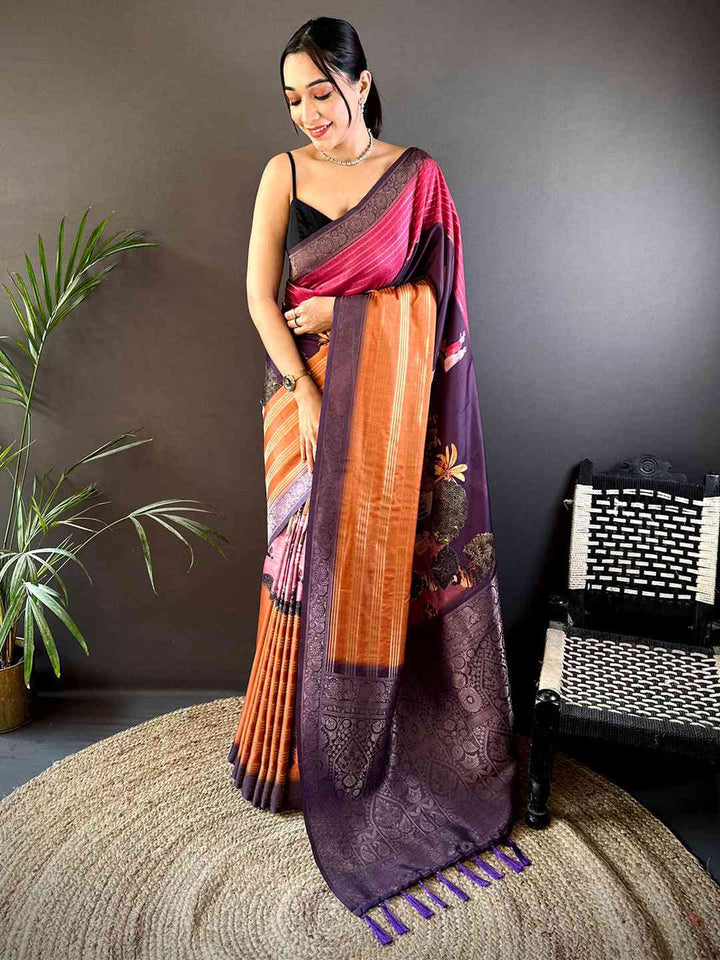 Purple & Pink Soft Silk Saree with Woven Zari Border and Contrast Orange Pallu