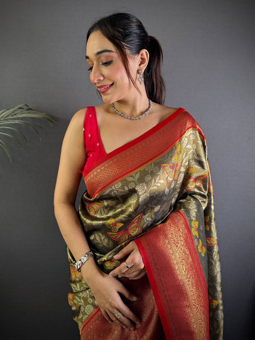 Red & Gold Banarasi Silk Saree with Intricate Woven Floral Zari Work