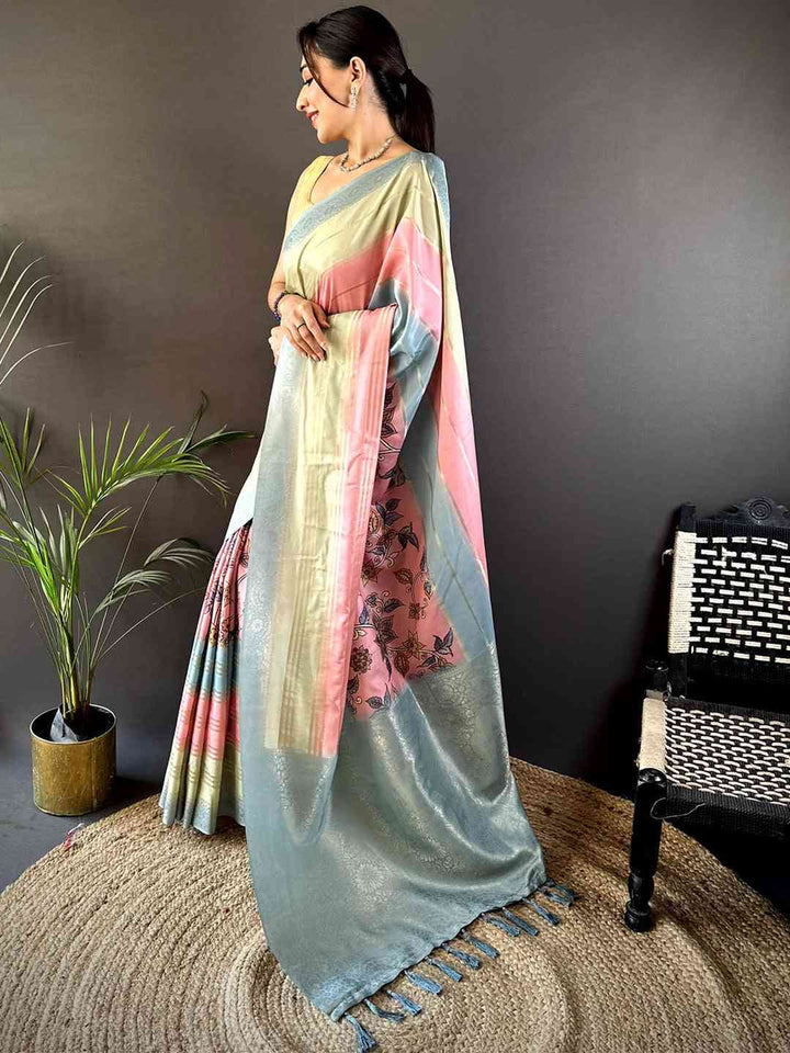 Pastel Soft Silk Saree in Dual Tone Pink & Mint Green with Subtle Woven Design