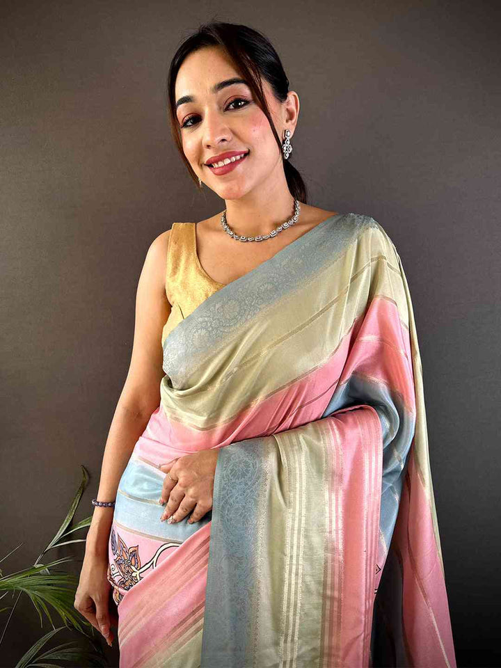 Pastel Soft Silk Saree in Dual Tone Pink & Mint Green with Subtle Woven Design
