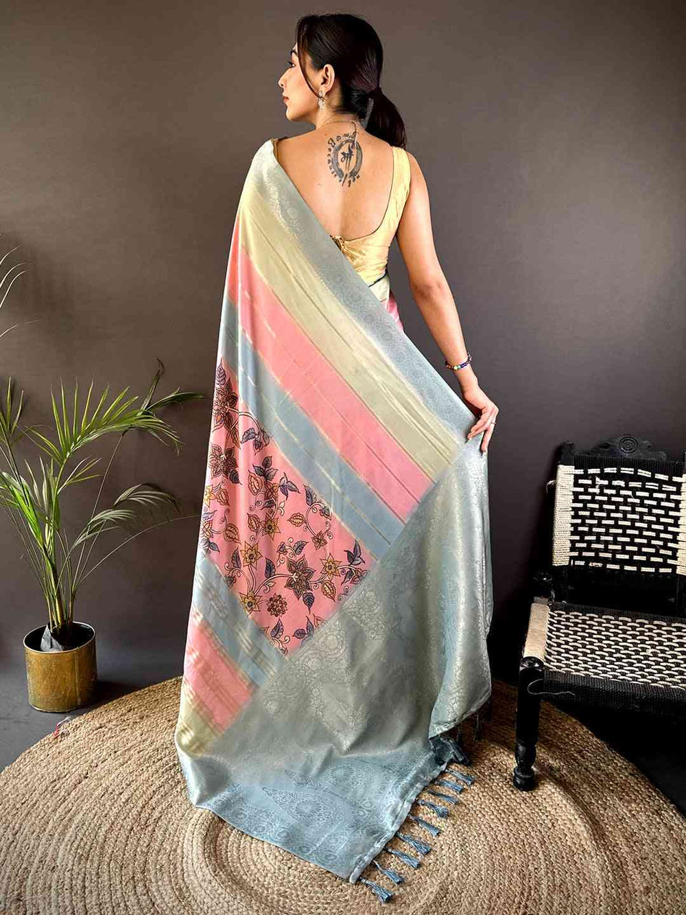 Pastel Soft Silk Saree in Dual Tone Pink & Mint Green with Subtle Woven Design