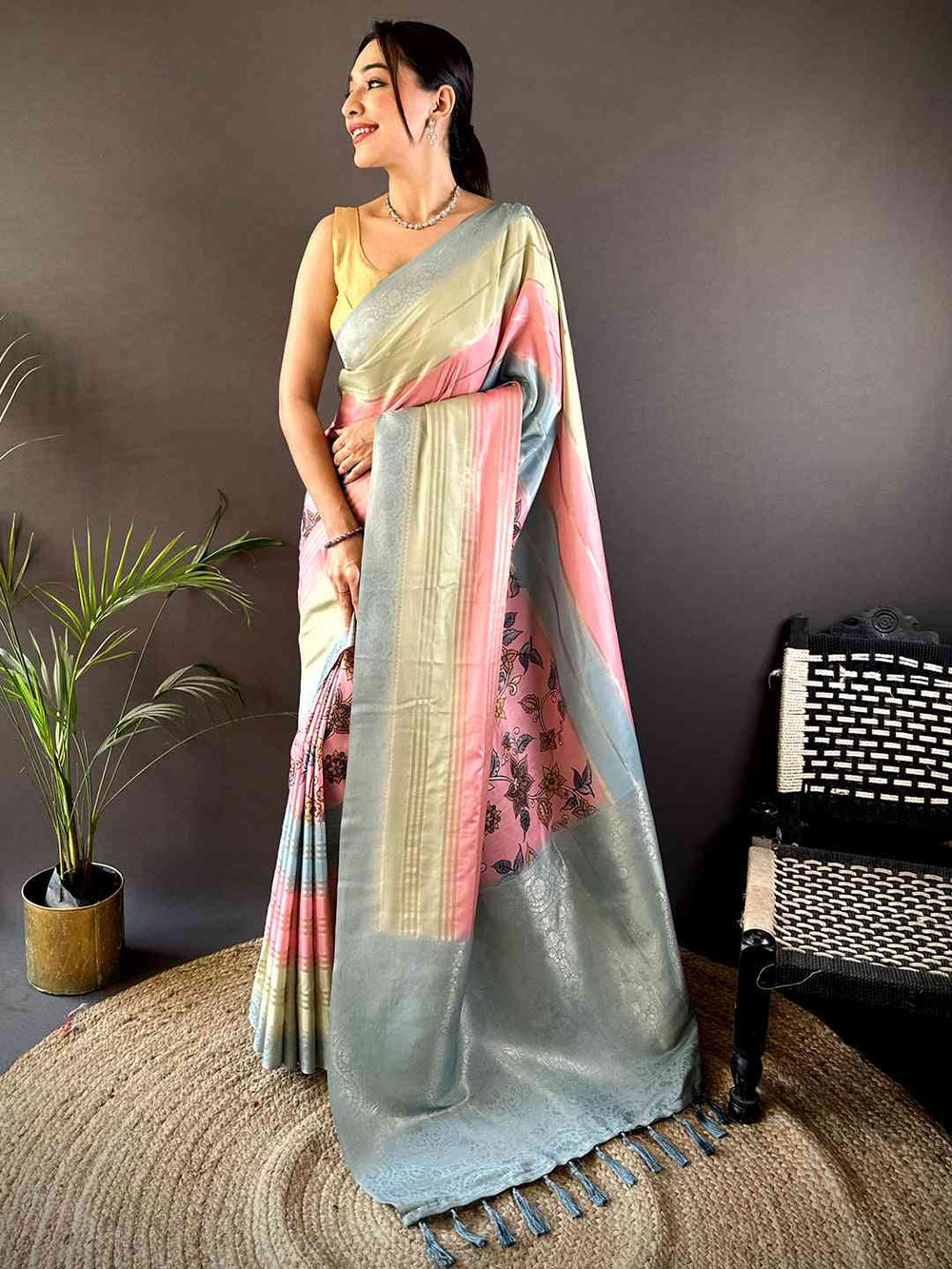 Pastel Soft Silk Saree in Dual Tone Pink & Mint Green with Subtle Woven Design
