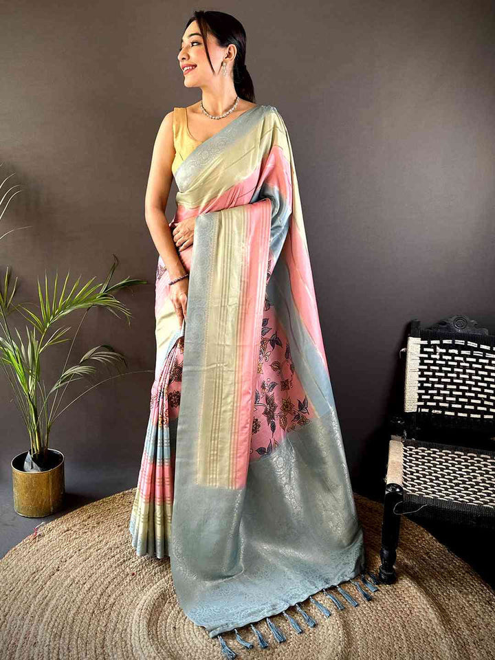 Pastel Soft Silk Saree in Dual Tone Pink & Mint Green with Subtle Woven Design