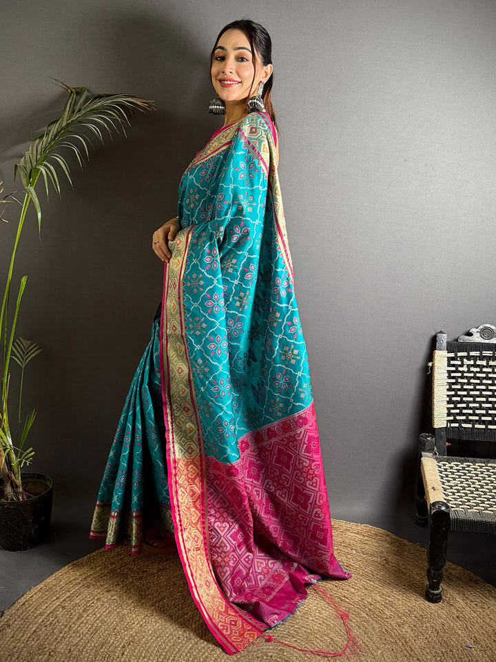 Teal Blue & Pink Patola Silk Saree with Intricate Double Ikat Design & Rich Zari Border