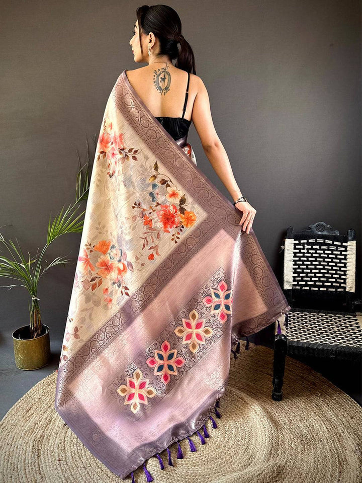 Beige & Lavender Linen Silk Saree with Floral Print and Zari Woven Pallu