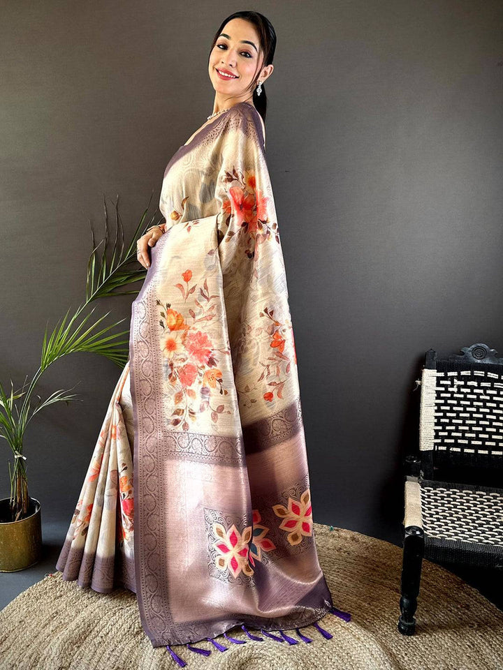Beige & Lavender Linen Silk Saree with Floral Print and Zari Woven Pallu