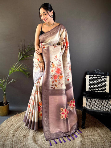 Beige & Lavender Linen Silk Saree with Floral Print and Zari Woven Pallu