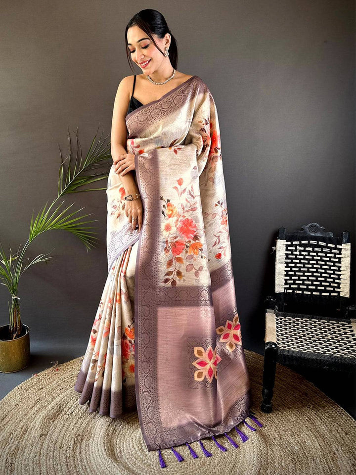 Beige & Lavender Linen Silk Saree with Floral Print and Zari Woven Pallu