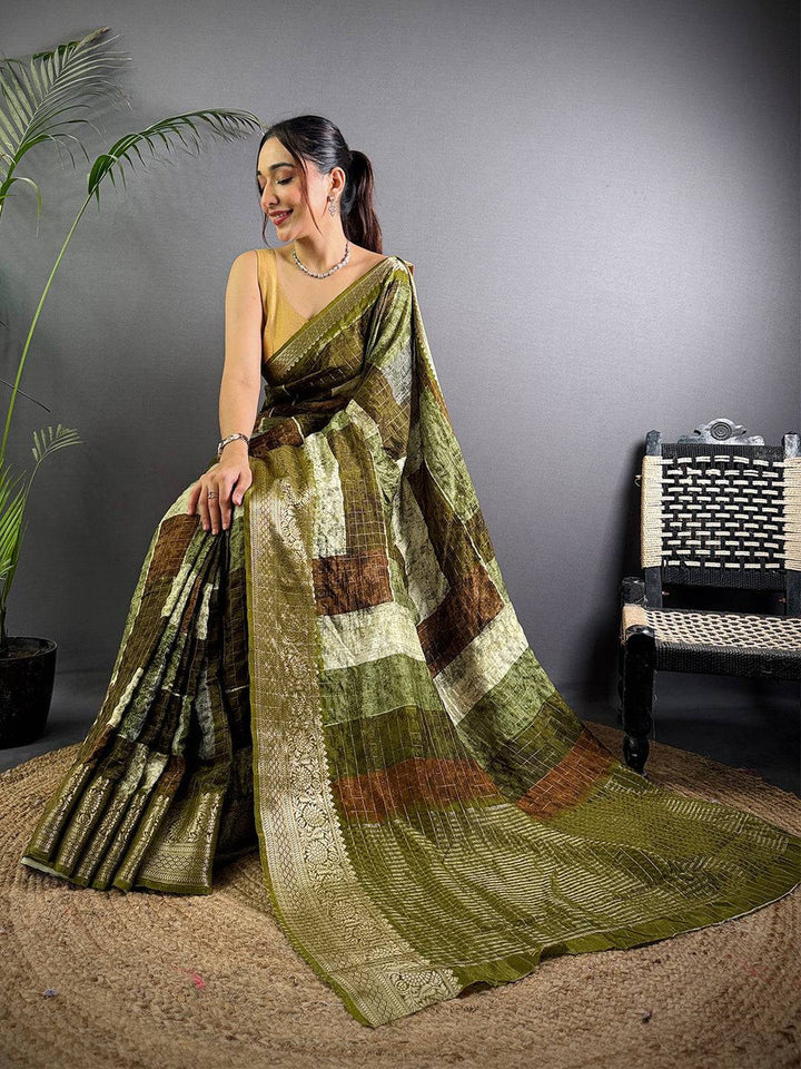 Olive Green Banarasi Silk Saree with Striped Pattern & Intricate Zari Weaving