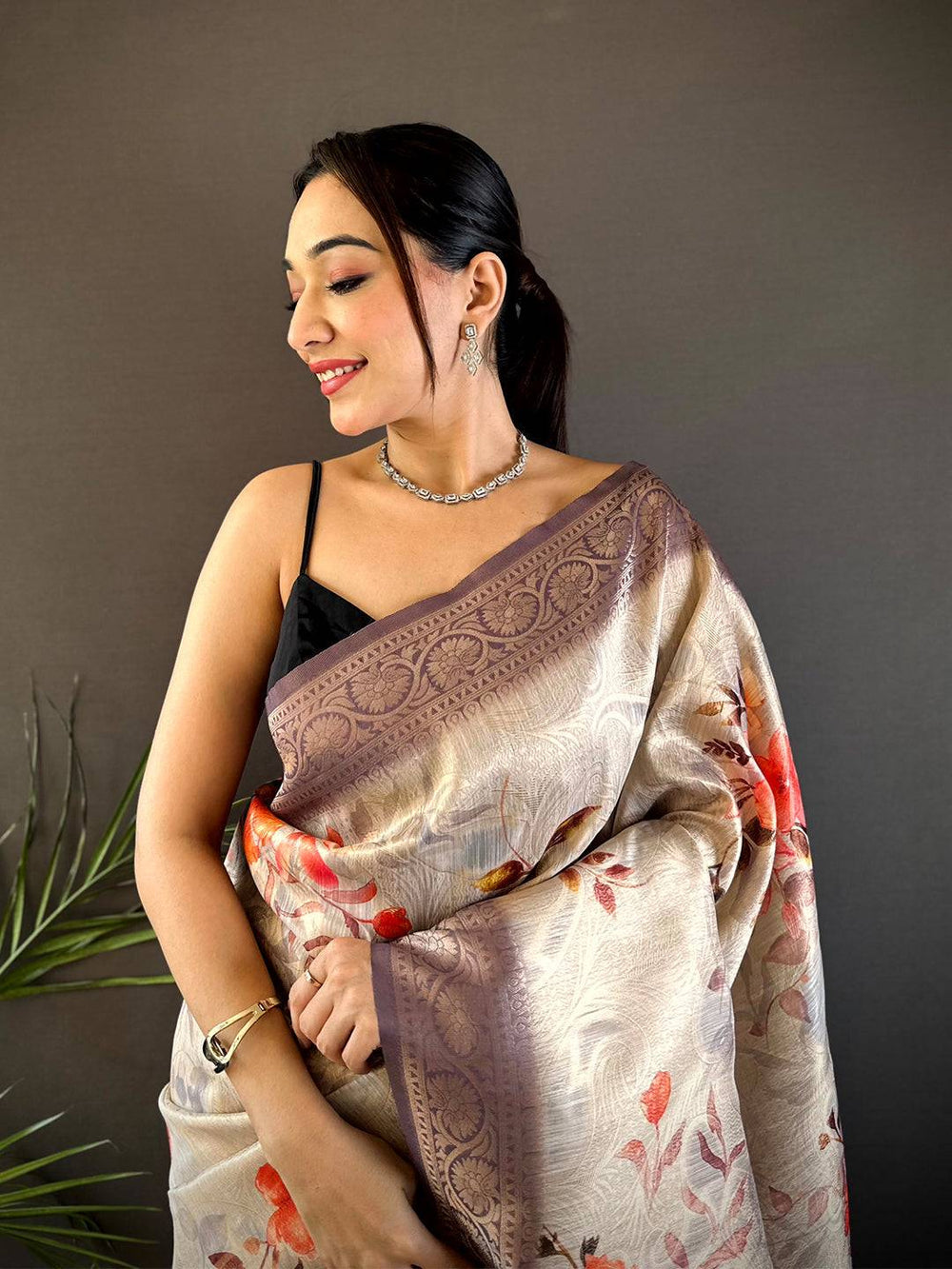 Beige & Lavender Linen Silk Saree with Floral Print and Zari Woven Pallu