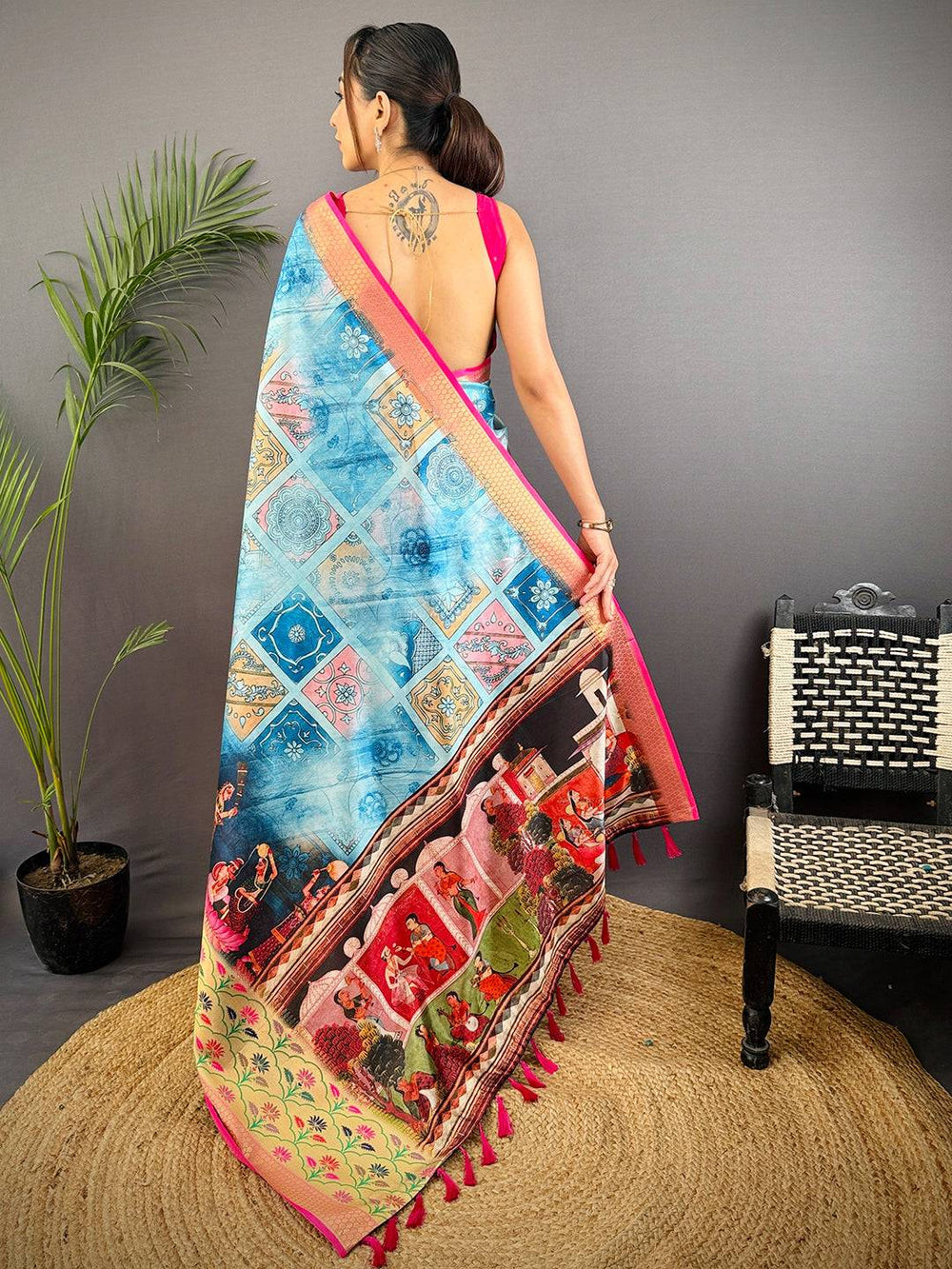 Blue & Beige Linen Silk Saree with Artistic Patchwork Print and Zari Floral Border