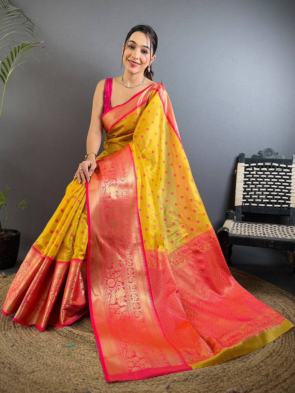 Yellow & Pink Kanjivaram Silk Saree with Zari Weaving & Contrast Rich Pallu