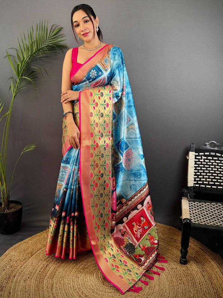 Blue & Beige Linen Silk Saree with Artistic Patchwork Print and Zari Floral Border
