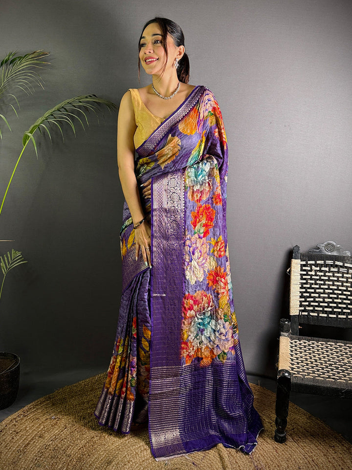 Purple Linen Silk Saree with Multicolor Floral Digital Print & Zari Border