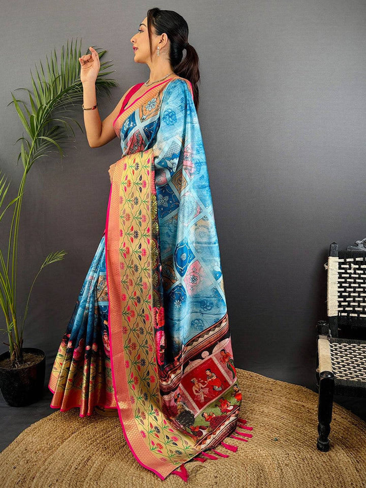 Blue & Beige Linen Silk Saree with Artistic Patchwork Print and Zari Floral Border