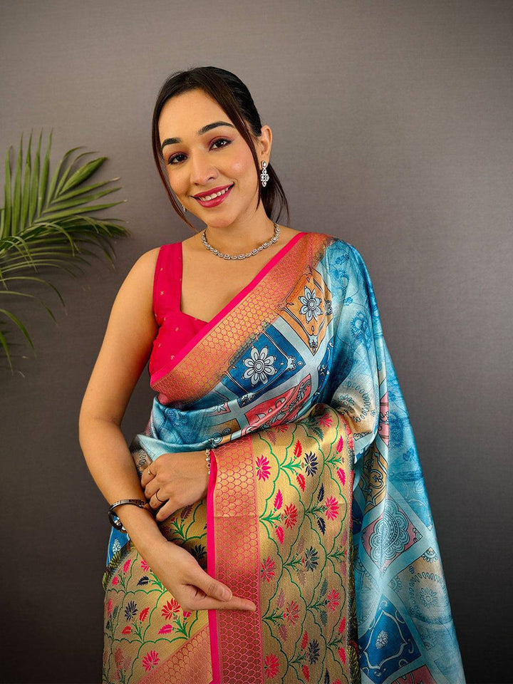 Blue & Beige Linen Silk Saree with Artistic Patchwork Print and Zari Floral Border
