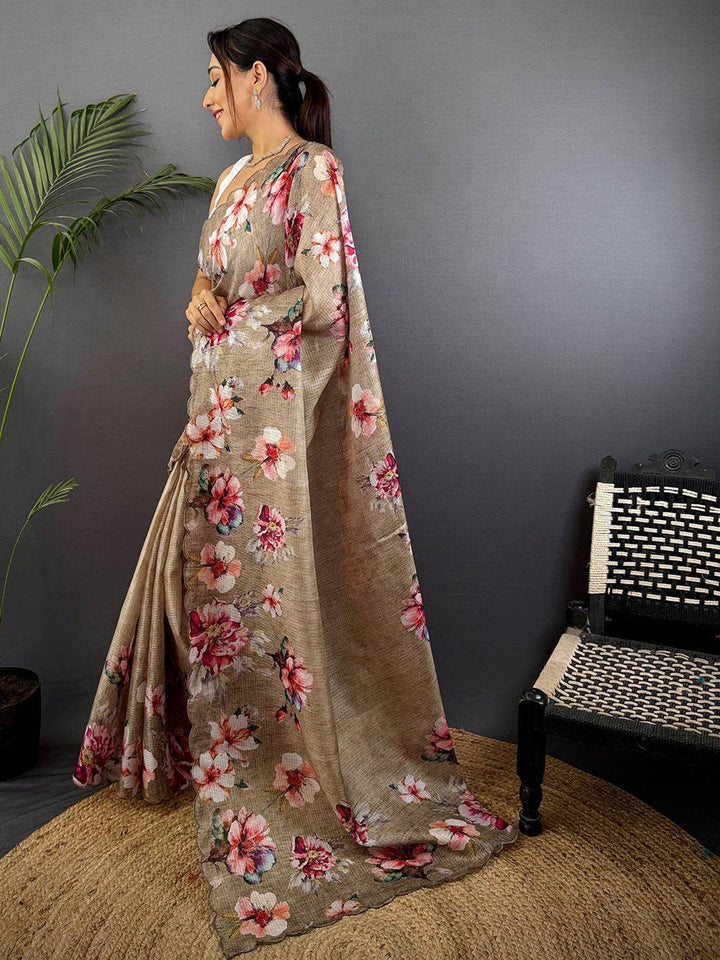 Beige Linen Silk Saree with Pink Floral Print & Scallop Border