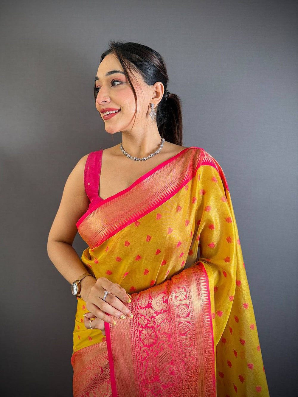 Yellow & Pink Kanjivaram Silk Saree with Zari Weaving & Contrast Rich Pallu
