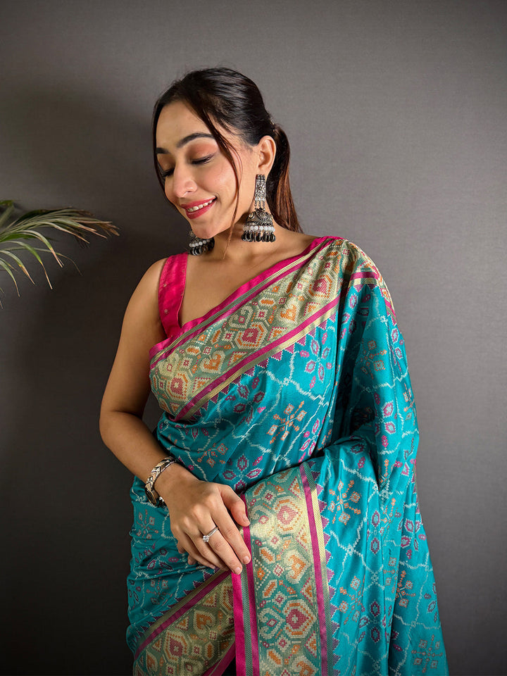 Teal Blue & Pink Patola Silk Saree with Intricate Double Ikat Design & Rich Zari Border