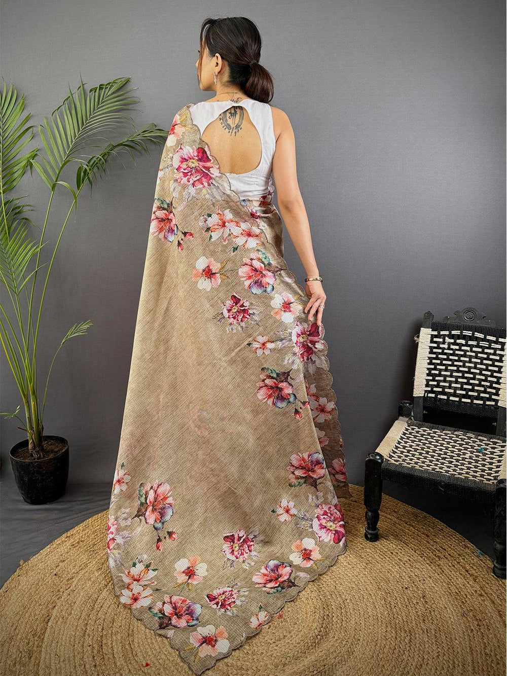 Beige Linen Silk Saree with Pink Floral Print & Scallop Border