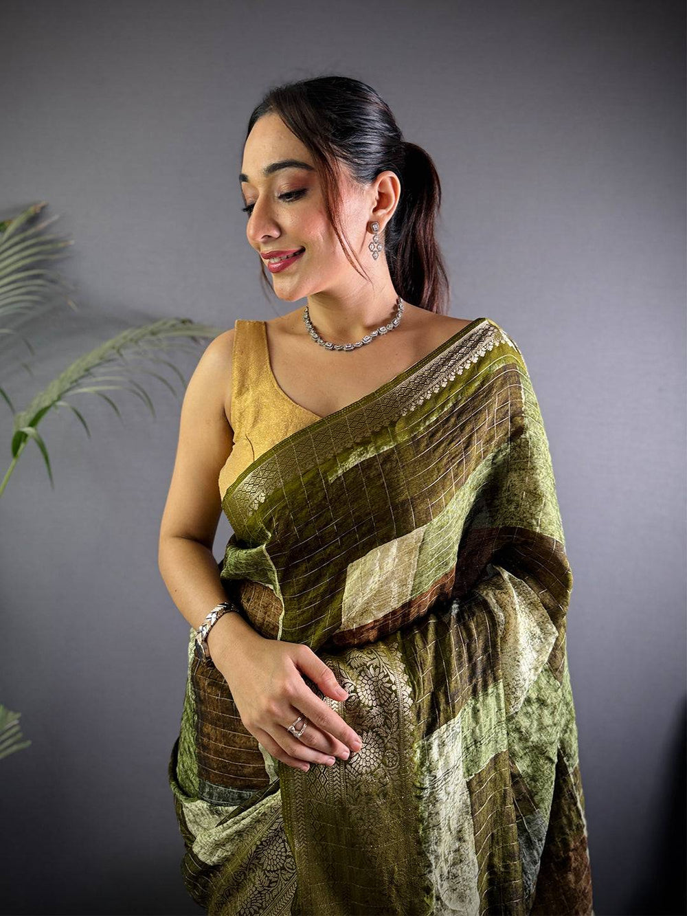 Olive Green Banarasi Silk Saree with Striped Pattern & Intricate Zari Weaving