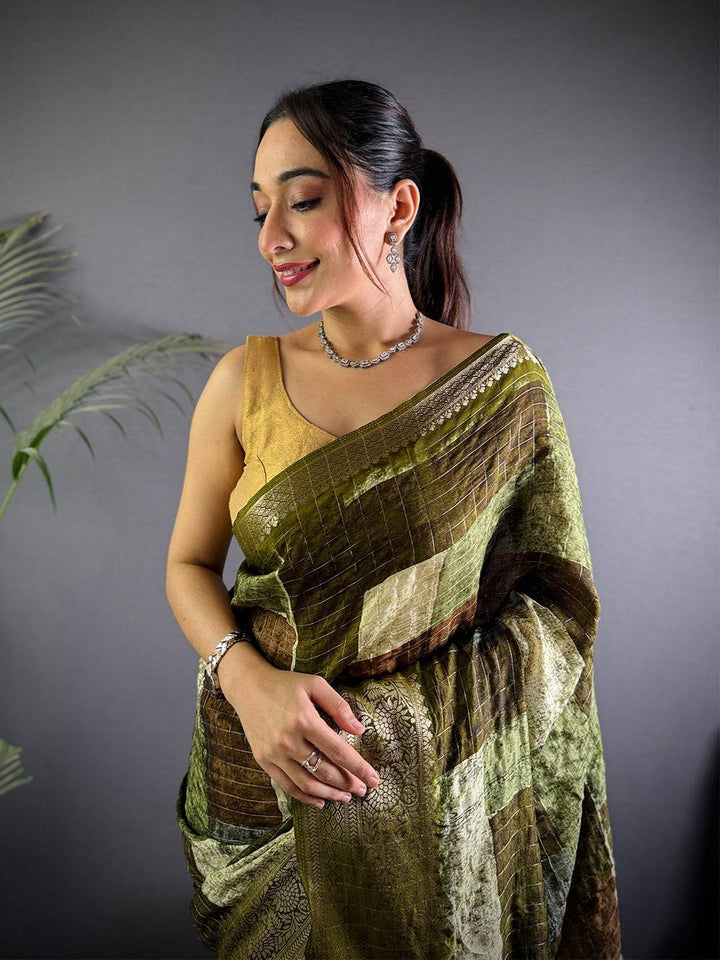 Olive Green Banarasi Silk Saree with Striped Pattern & Intricate Zari Weaving