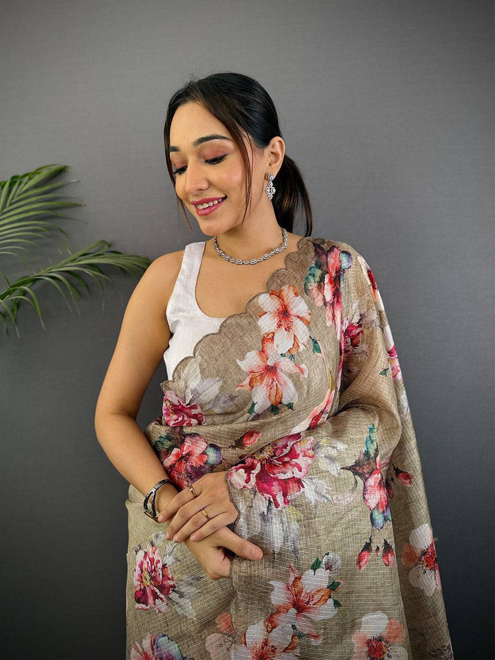 Beige Linen Silk Saree with Pink Floral Print & Scallop Border