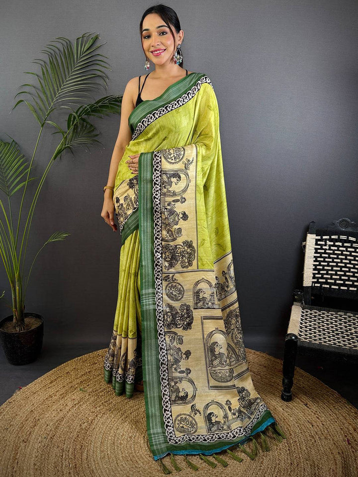 Green Linen Silk Saree with Artistic Hand Sketch Print & Contrast Border